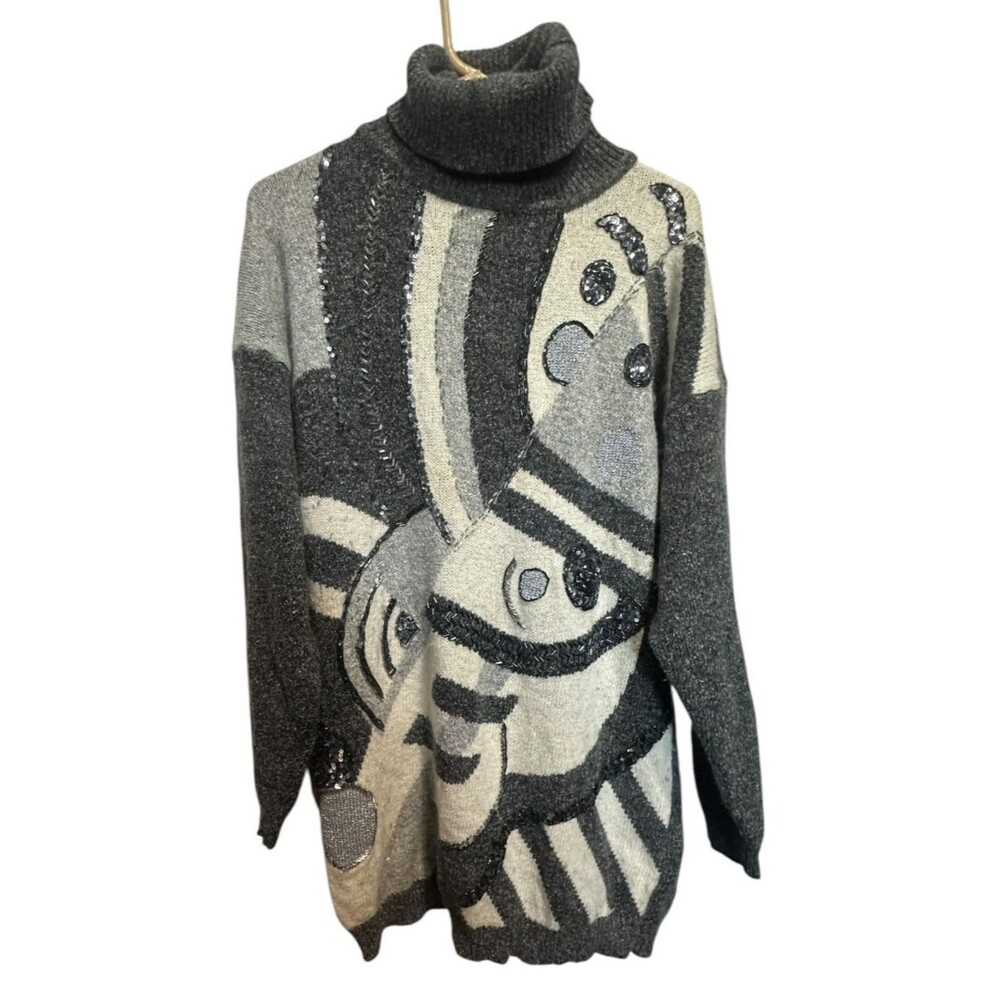 IB Diffusion Gray Sequin Silk Angora Wool Blend Sweater Vintage 1992 Size Large